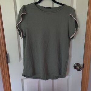 Women's Green Top with Pom-Pom Trim